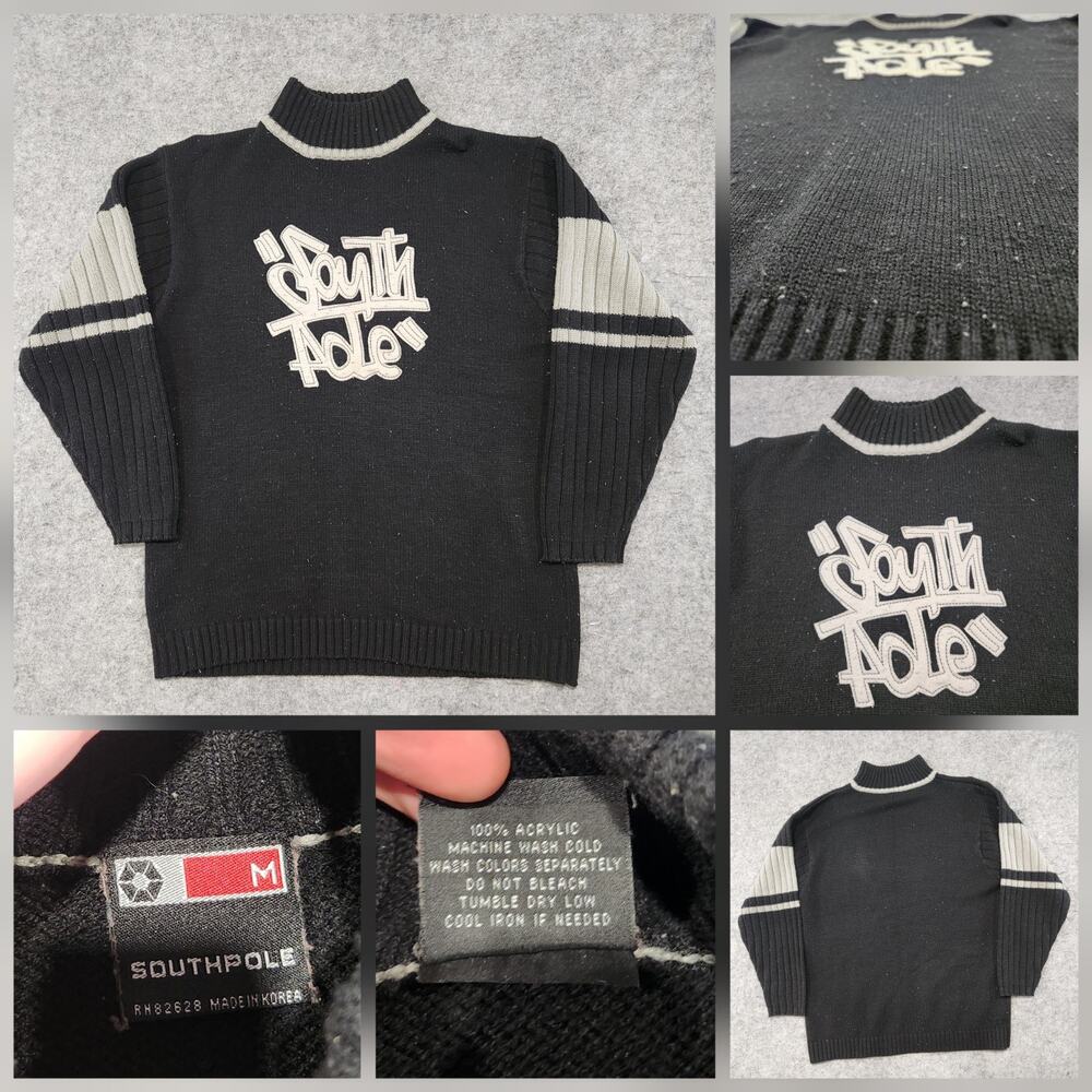 VTG Y2K SouthPole Mens M Medium Spellout Embroidered Knit Sweater Black Pullover